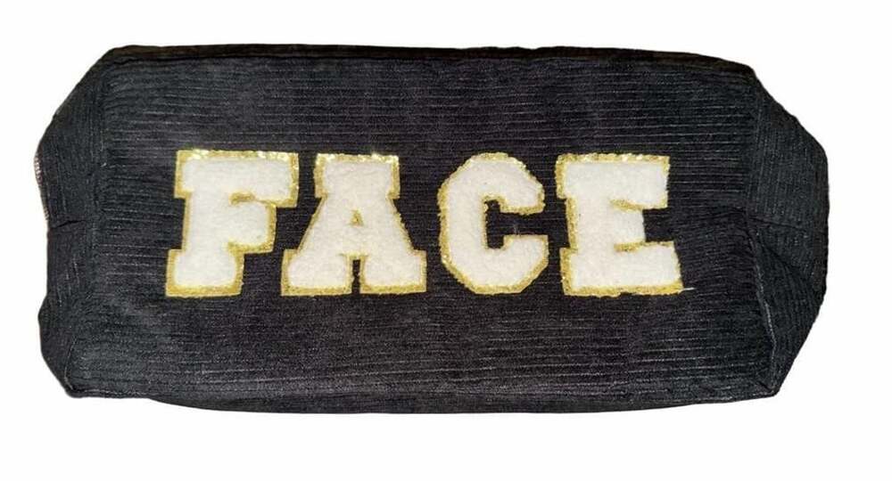 Face Corduroy Makeup Pouch Black Gold Letters